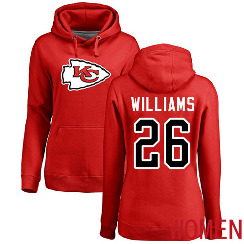 Women Football Kansas City Chiefs 26 Williams Damien Red Name and Number Logo Pullover Hoodie